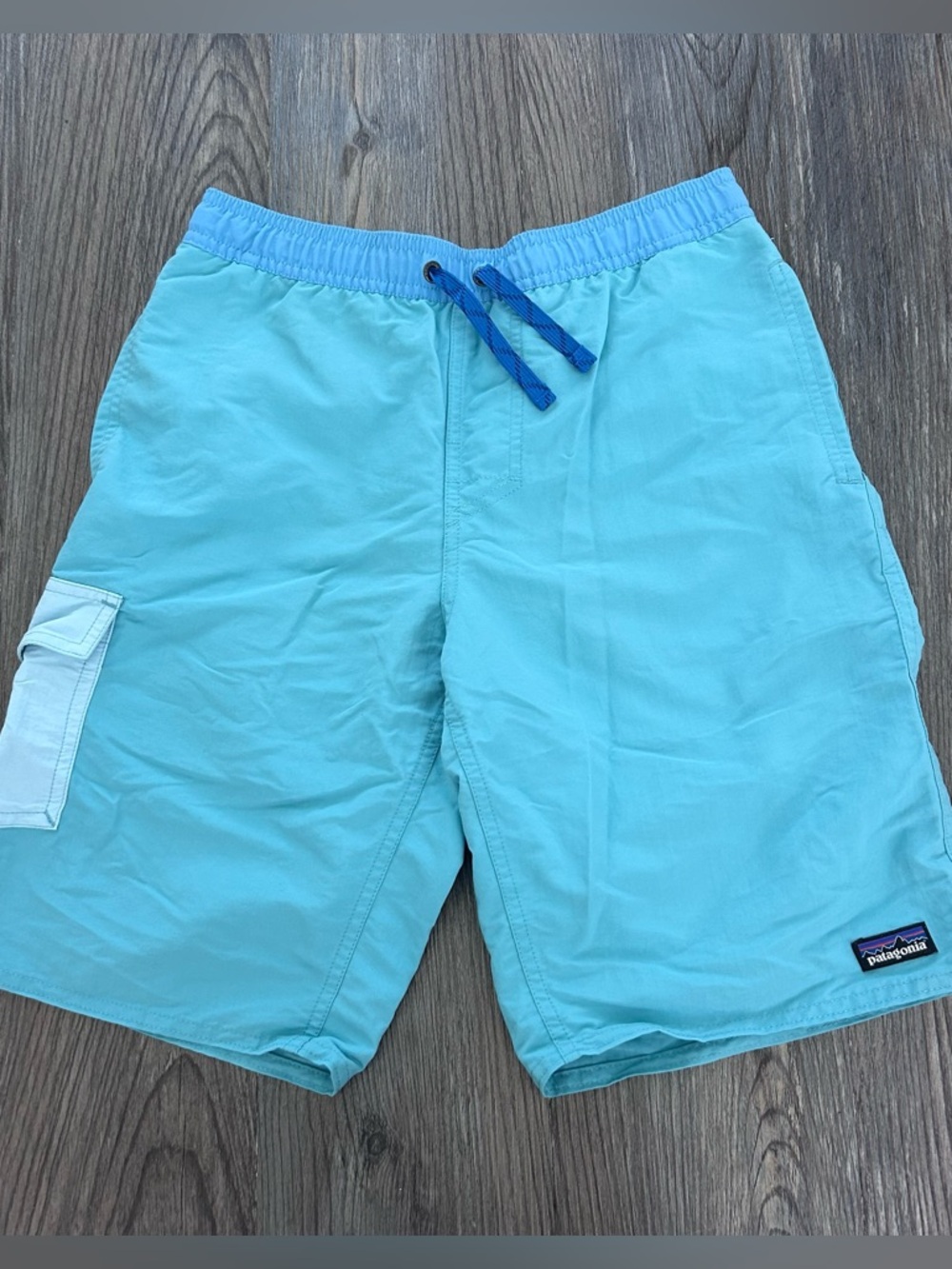 Patagonia Boys Light Aqua Blue Swim Trunks with Blue Drawstring